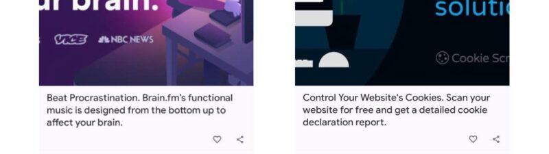 Two digital ad cards: the left features a purple gradient background, a person with headphones at a computer, and logos of news outlets; the right shows a partial computer screen on a blue background with cookie-related text.