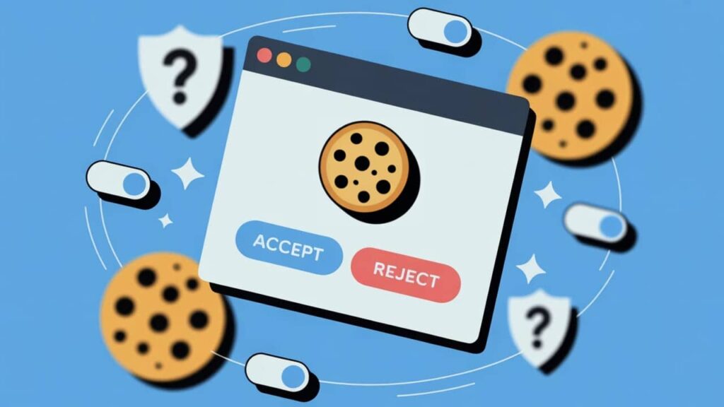 Illustration of a web browser popup with a cookie icon, "ACCEPT" and "REJECT" buttons, surrounded by cookies, switches, and shield icons on a blue background, representing a cookie consent banner and website compliance.