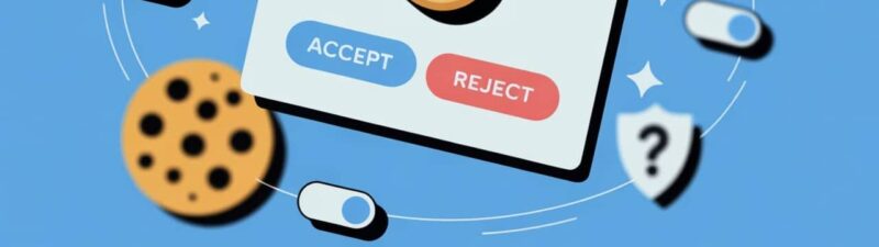 Illustration of a web browser popup with a cookie icon, "ACCEPT" and "REJECT" buttons, surrounded by cookies, switches, and shield icons on a blue background, representing a cookie consent banner and website compliance.