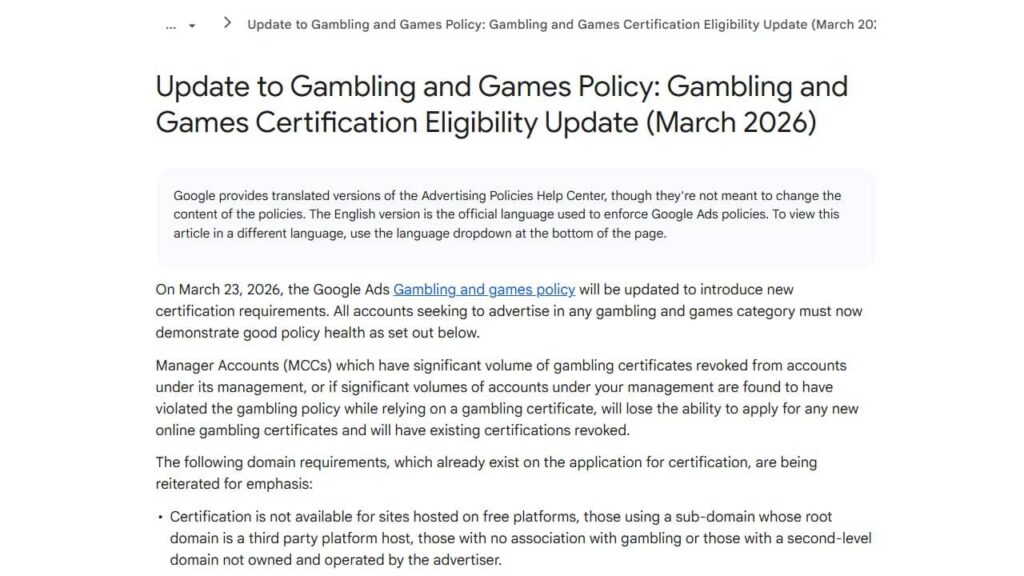 Screenshot of a Google support page titled "Update to Gambling and Games Policy: Gambling and Games Certification Eligibility Update (March 2026)," outlining new Google Gambling Certification requirements for advertisers effective March 23, 2026.