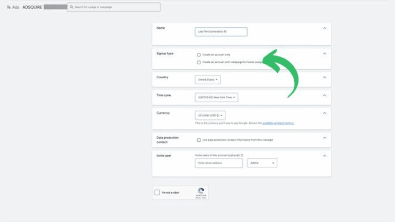 A registration form on a website displays fields for name, signup type, country, time zone, currency, data protection contact, and invite user. A green arrow points to the "Create an account with campaign IDs from other tools" option.