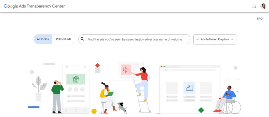 A Google Ads Transparency Center webpage shows a search bar with filter options and a cartoon ad preview, featuring people interacting with large screens—including a woman on a ladder, and a person with a laptop and dog, viewing ads from other countries.