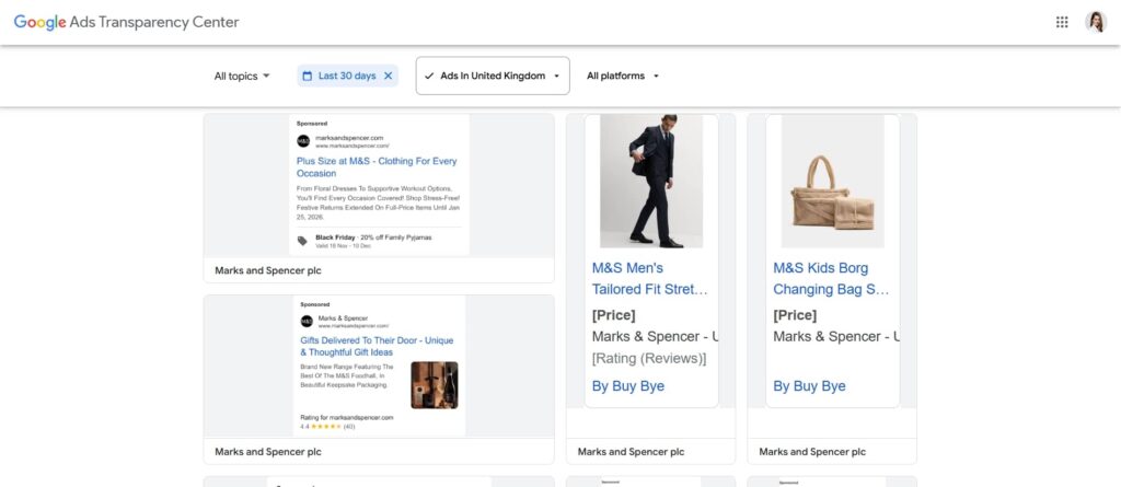 Screenshot of the Google Ads Transparency Center showing search results for Marks and Spencer ads in other countries, including images and descriptions of clothing and accessories, with filters for date, location, and platform at the top to see ads.