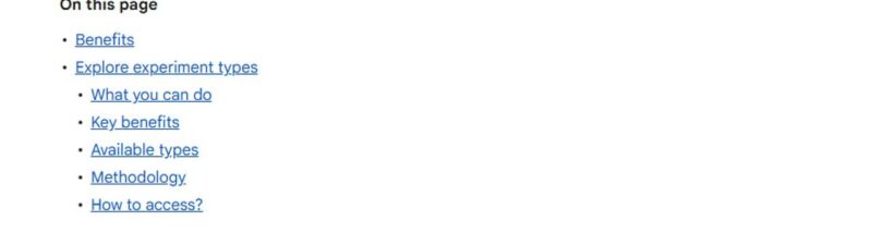 Screenshot of a webpage titled "About the Google Ads Experiment Center," highlighting it as a new launch for validating strategies, with linked topics like benefits, experiment types, and methodology.