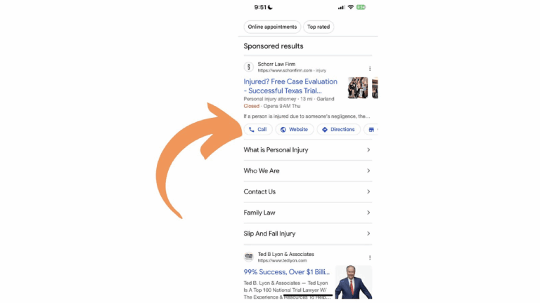 A smartphone screen displays Google search results for a law firm, with a large orange arrow pointing to a clickable “Call” button beneath a sponsored listing, showcasing the power of Google Local Ads.