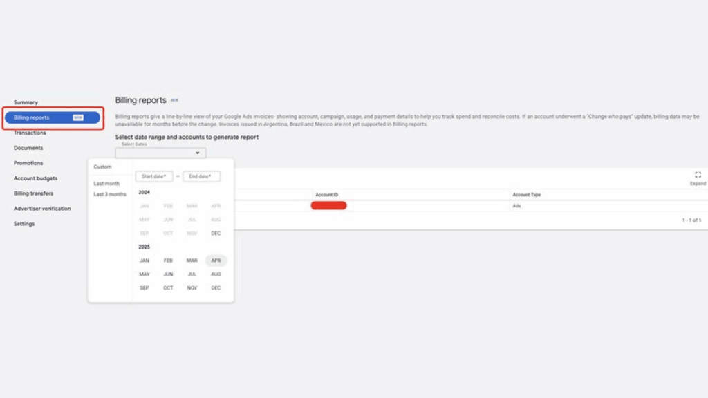 Screenshot of a billing reports page in an account dashboard. The "Billing reports" tab is highlighted, with an open date picker. A partially redacted Google Ads account number appears in the Line-by-Line report table on the right.