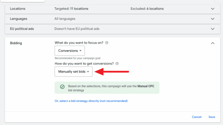 Screenshot of a Google Ads campaign settings page showing the "Bidding" section. An arrow highlights the "Manually set bids" (Manual CPC) option, making it easier to set and control your ad bids directly.