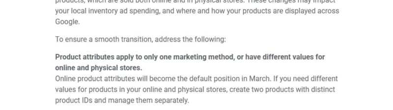 A notification from Google Merchant Center instructs users to update 2,956 products by March 2026, detailing changes for multi-channel items and emphasizing separate product IDs for online and physical stores.