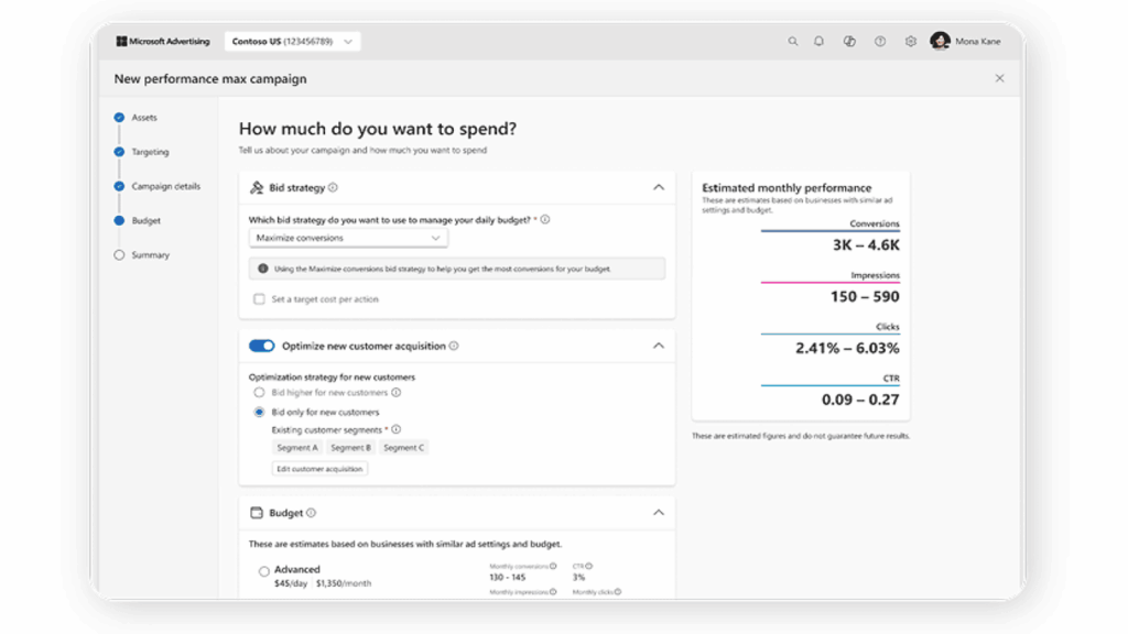 A screenshot of a Microsoft Advertising campaign setup page shows budgeting options, bid strategy, and estimated monthly performance metrics—similar features to Performance Max in Google Ads—with navigation steps listed on the left.