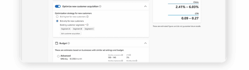 A screenshot of a Microsoft Advertising campaign setup page shows budgeting options, bid strategy, and estimated monthly performance metrics—similar features to Performance Max in Google Ads—with navigation steps listed on the left.