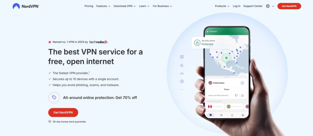 NordVPN website homepage showing a phone with a VPN app connected to the US, a heading stating "The best VPN service for a free, open internet," and a red "Get NordVPN" button—let users see ads like Google Ads from other countries.