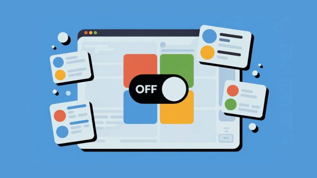 Illustration of a web browser window with colorful blocks and a central toggle switch set to "OFF," representing how you can turn off audience ads in Microsoft Advertising, surrounded by floating cards with text and icons, on a blue background.