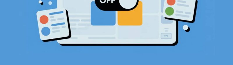 Illustration of a web browser window with colorful blocks and a central toggle switch set to "OFF," representing how you can turn off audience ads in Microsoft Advertising, surrounded by floating cards with text and icons, on a blue background.