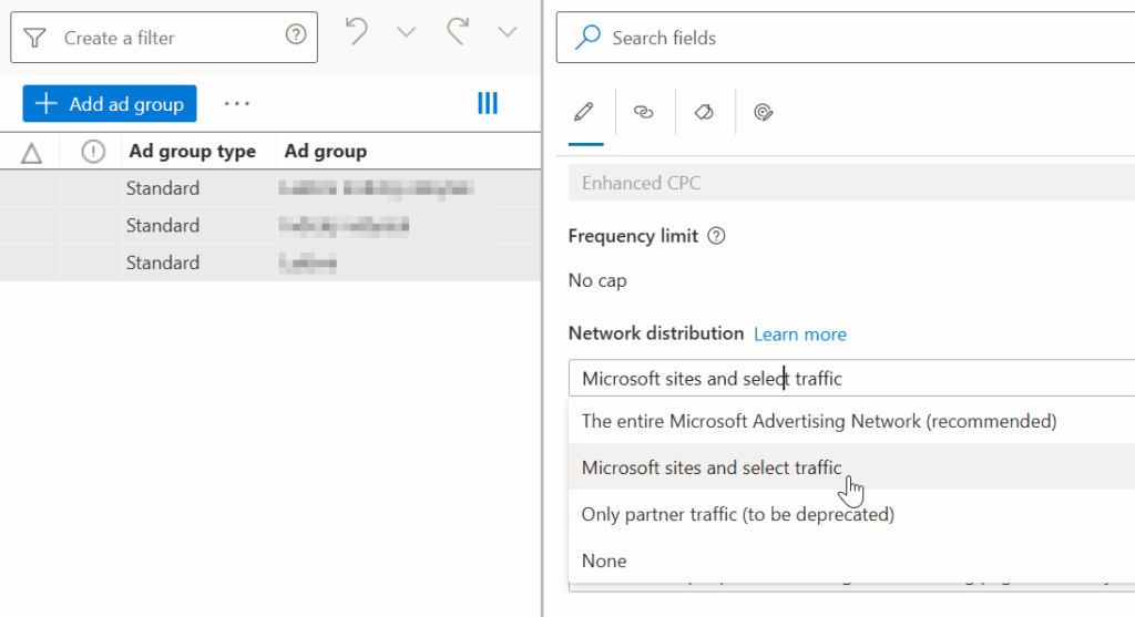 A user selects "Microsoft sites and select traffic" from the Network distribution dropdown menu in Microsoft Advertising, with Audience Ads and ad group types and names blurred on the left.