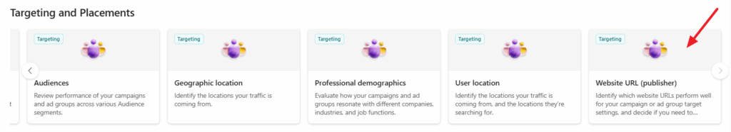 A screenshot of five Microsoft Advertising targeting options: Audiences, Geographic location, Professional demographics, User location, and Website URL (publisher). A red arrow highlights the Website URL (publisher), useful if you want to Turn Off Audience Ads.