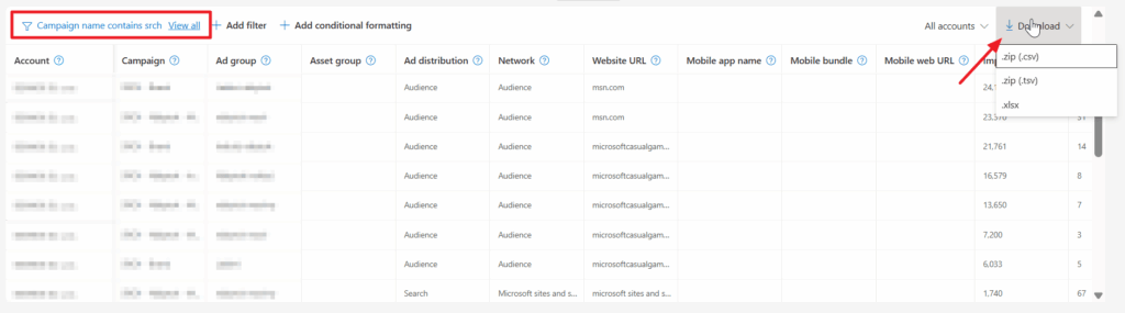 A screenshot of a data table with Microsoft Advertising campaign and account details. A filter "Campaign name contains SKL" is applied, and a dropdown menu next to "Download" shows file format options like .csv and .xlsx.