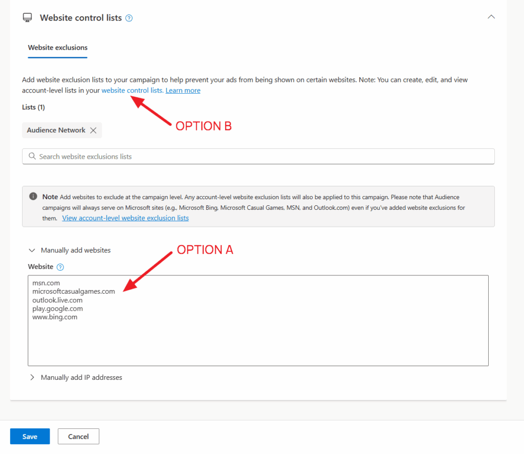 Screenshot of a website control list settings page in Microsoft Advertising. Two red arrows, "OPTION A" and "OPTION B," highlight where to add site URLs or Turn Off Audience Ads via the website entry box and the Lists dropdown menu.