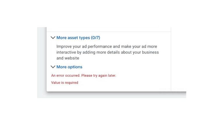 A website interface displays a message: “An error occurred. Please try again later. Value is required.” above options for asset group editing and details about an ad, possibly due to a Performance Max bug.