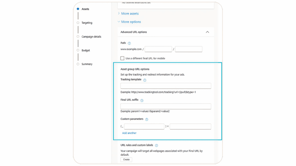 Screenshot of a web interface displaying advanced URL options for digital ads, including Transparency controls, fields for path, tracking template, final URL suffix, and custom parameters—perfect for optimizing Performance Max campaigns.