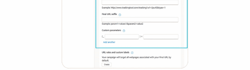 Screenshot of a web interface displaying advanced URL options for digital ads, including Transparency controls, fields for path, tracking template, final URL suffix, and custom parameters—perfect for optimizing Performance Max campaigns.