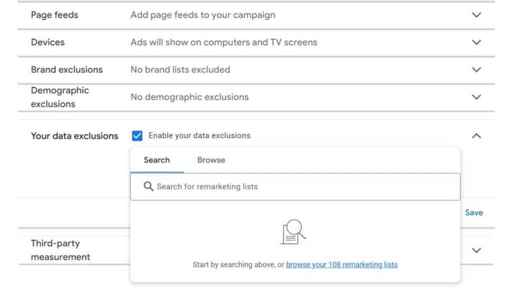 A Google Ads settings screen displays smarter data exclusion options, with a pop-up to search or browse remarketing lists for Performance Max. The “Enable your data exclusions” box is checked.