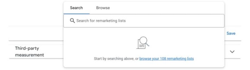 Screenshot of an ad campaign settings page with Data Exclusions options. A "Search" pop-up lets users browse 108 remarketing lists, helping to create a smarter Performance Max strategy. Other settings are partially visible.