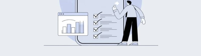 Illustration of a person standing beside a large smartphone displaying checklists, charts, graphs, and the text "PPC Roundup," representing 2025 pay-per-click marketing analysis and PPC Updates.