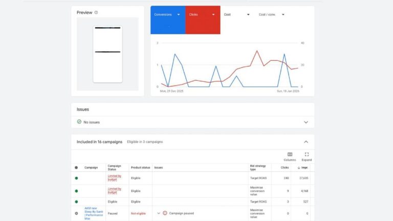 A dashboard featuring a Google Ads mobile preview, a line graph with red and blue lines for conversions and clicks, plus a Product-Level Campaign View showing campaign statuses, product statuses, and eligibility issues in a detailed table.