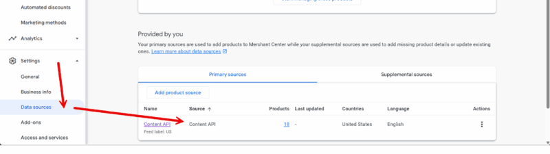 Screenshot of the Google Merchant Center Next interface, showing the Data sources page. A red arrow points to "Content API," a Merchant API option under "Primary sources," displaying details like source type, products, and language for Shopping Ads.