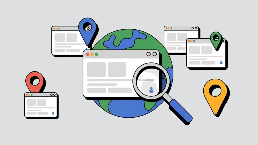 Illustration of a globe with web browser windows, location pins, and a magnifying glass, symbolizing global search, internet browsing, geolocation, and the ability to view international ads or see ads in other countries on Google Ads.