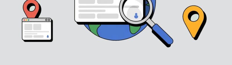 Illustration of a globe with web browser windows, location pins, and a magnifying glass, symbolizing global search, internet browsing, geolocation, and the ability to view international ads or see ads in other countries on Google Ads.
