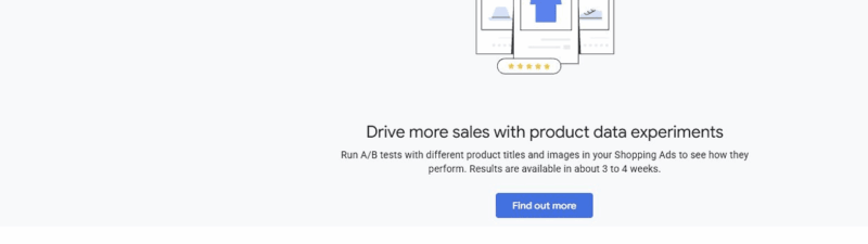 Google Merchant Center Next interface showing the "Experiments" tab under Products, highlighting Product Title A/B Testing for Shopping Ads with an illustration of a blue t-shirt and charts. Text encourages running A/B tests to boost sales, with a "Find out more" button below.
