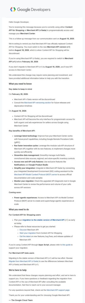 A Google Developers email announces the sunset of Content API for Shopping and Merchant API (v1) on August 15, 2024, detailing the API switch, its impact on Shopping Ads, key dates, and support resources for transitioning to new API versions.