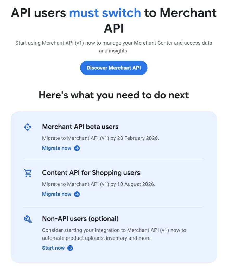 A webpage notifies API users to switch to Merchant API for Shopping Ads. It lists steps for Merchant API beta users, Content API for Shopping users, and non-API users, each with migration deadlines and links to migrate.