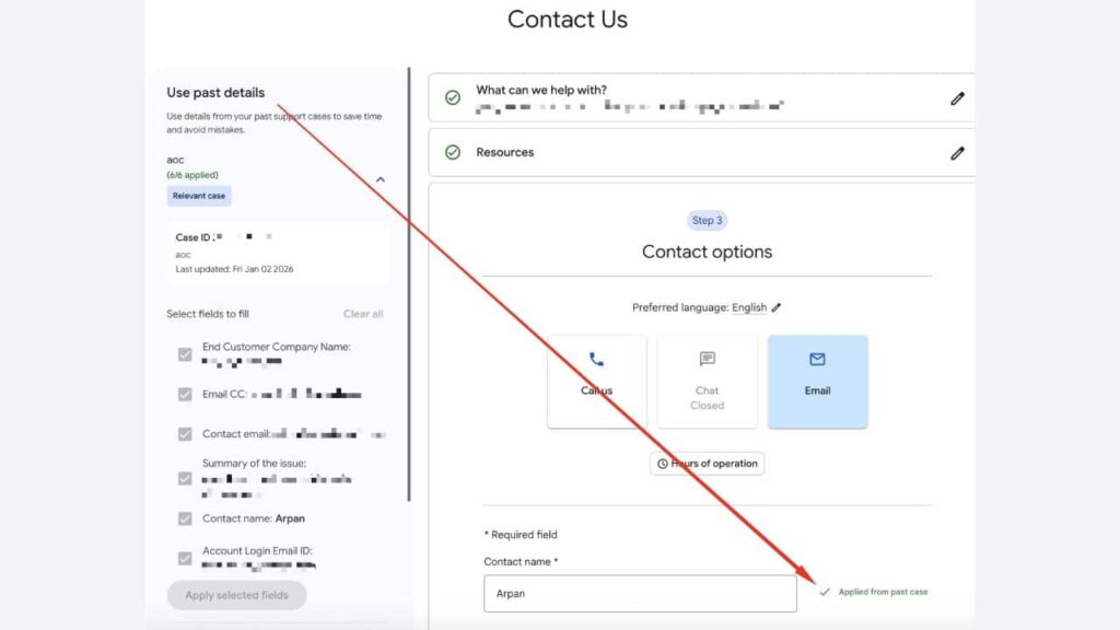 A Google Support Form interface displays an option to use past cases on the left. A red arrow points from selected past details to the name field, highlighting how auto-fill details are added to the form automatically.