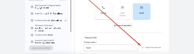 A Google Support Form interface displays an option to use past cases on the left. A red arrow points from selected past details to the name field, highlighting how auto-fill details are added to the form automatically.