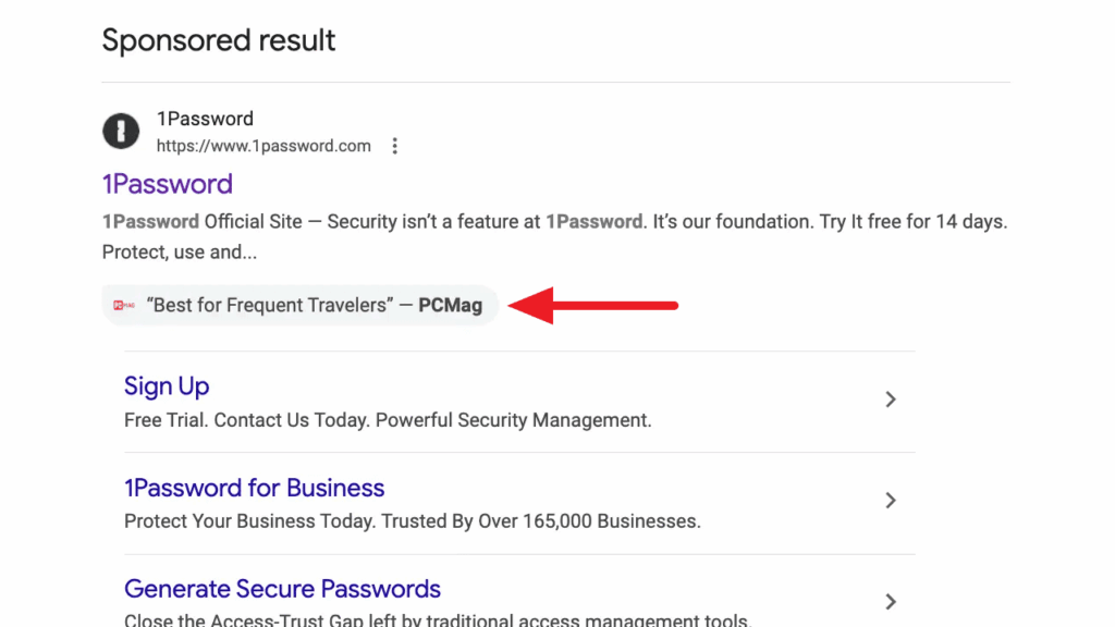 Screenshot of a Google Search Ads result for 1Password, featuring a highlighted third-party endorsement from PCMag stating “Best for Frequent Travelers,” emphasized by a red arrow.