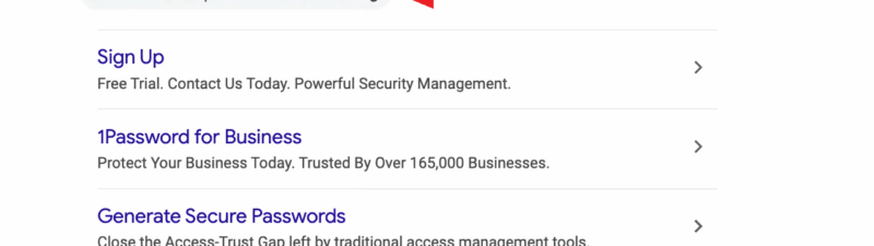 Screenshot of a Google Search Ads result for 1Password, featuring a highlighted third-party endorsement from PCMag stating “Best for Frequent Travelers,” emphasized by a red arrow.