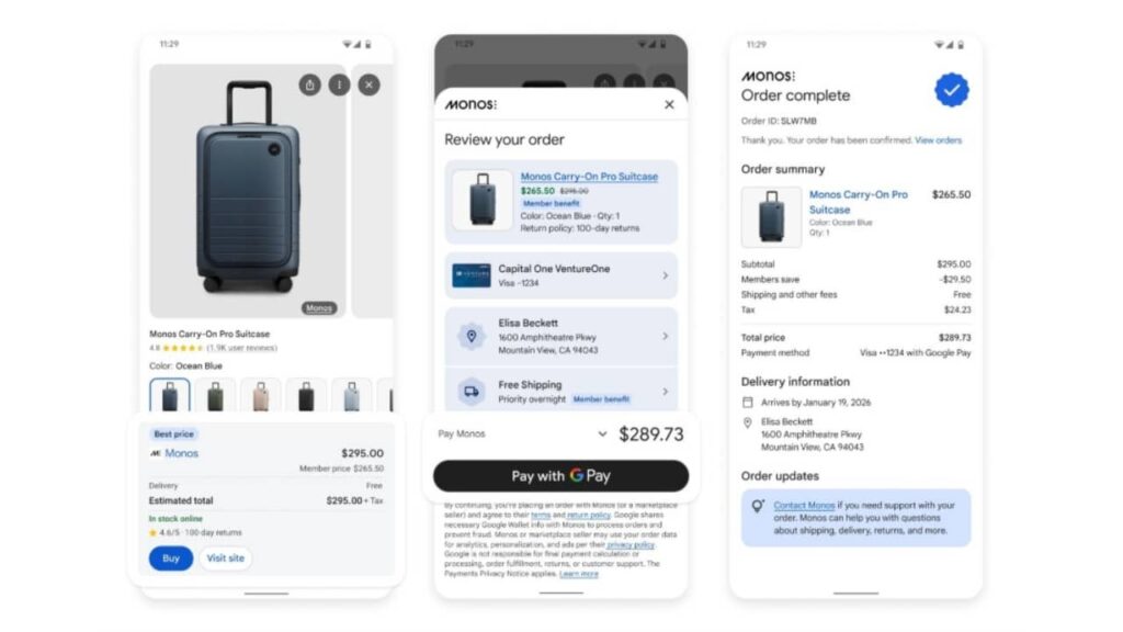 Three smartphone screens display an online purchase process for a navy blue suitcase: product page, order review with payment options, and order confirmation—featuring a seamless flow similar to a Performance Max One-Click Preview experience.