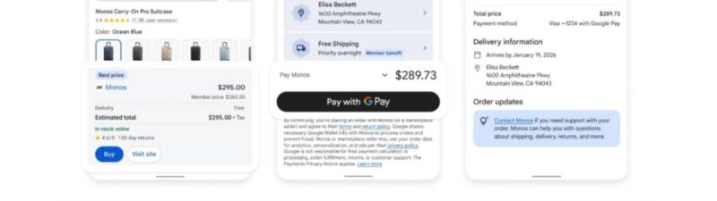 Three smartphone screens display an online purchase process for a navy blue suitcase: product page, order review with payment options, and order confirmation—featuring a seamless flow similar to a Performance Max One-Click Preview experience.