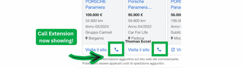 A digital ad image shows Google search vehicle ads for Porsche Panamera cars, highlighting a new feature: call assets with phone call icons next to "Visita il sito" buttons. Green arrows and labels emphasize the enhanced call feature.