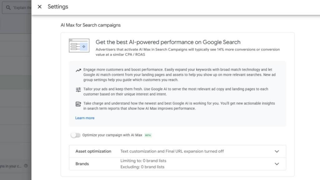 Screenshot of Google Ads settings for AI Max Promotion, showcasing AI-powered performance tips, campaign settings, asset optimization options, and sections for excluded brands.