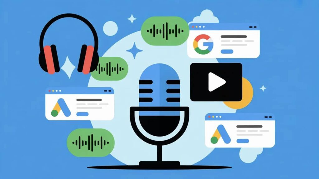 Illustration of a large microphone surrounded by headphones, sound wave icons, Google search and Google Ads windows, and a play button on a blue background, representing Best PPC Podcasts and digital audio trends for 2026.