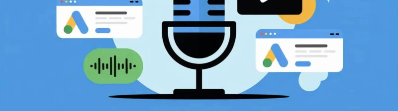 Illustration of a large microphone surrounded by headphones, sound wave icons, Google search and Google Ads windows, and a play button on a blue background, representing Best PPC Podcasts and digital audio trends for 2026.