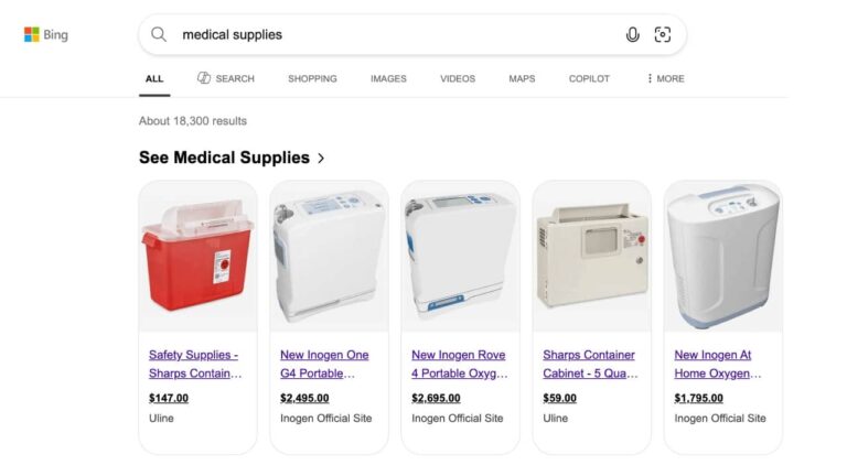 A Bing search results page for "medical supplies" displays Bing Shopping Ads with product images, prices, and product details—including a red sharps container and oxygen concentrators—ranging from $147 to $2,695.