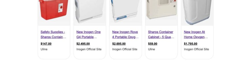 A Bing search results page for "medical supplies" displays Bing Shopping Ads with product images, prices, and product details—including a red sharps container and oxygen concentrators—ranging from $147 to $2,695.