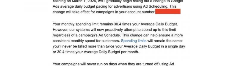 Screenshot of an email titled "Updates to Google Ads budget pacing for ad scheduling." The email details changes effective March 1, 2026, impacting how Google Ads calculates monthly spend limits for advertisers.