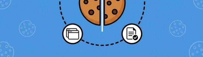 Illustration of a cookie split in half with a crown on one side, surrounded by icons for privacy, switch, browser, internet, and document—all connected by a dotted circle on a blue background with cookie patterns. Highlights the Free Cookiebot plan.