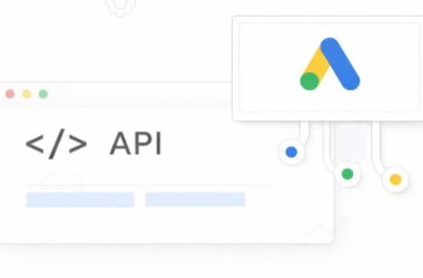 Illustration showing a browser window with code symbols and "API" text, next to a screen displaying the Google Ads logo, connected by colorful lines.