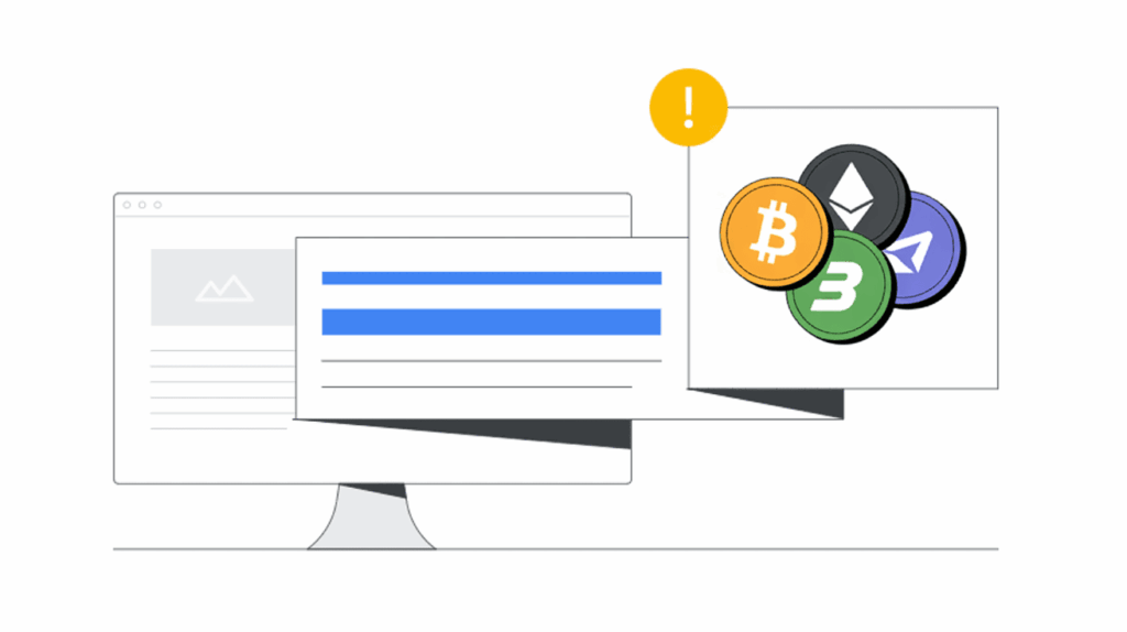 Illustration of a computer monitor with pop-up windows showing text and an alert containing cryptocurrency symbols, including Bitcoin, Ethereum, Litecoin, and others—highlighting Indonesia’s response to the latest Google Crypto Ad Policy.